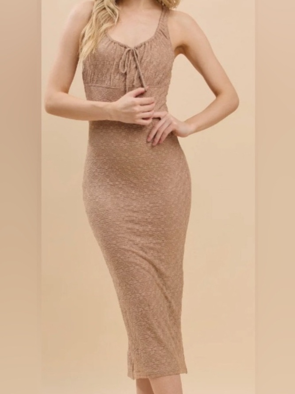 Tan Lace Midi Slip Dress/Bodycon: Size Large